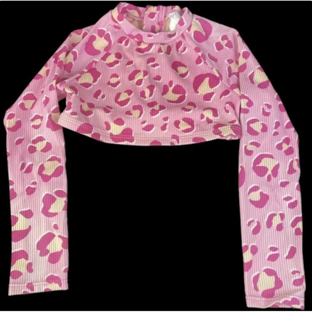 Cat & Jack Rash Guard Girls XS 4/5 Pink Leopard Ribbed Long Sleeve Swim Top‎